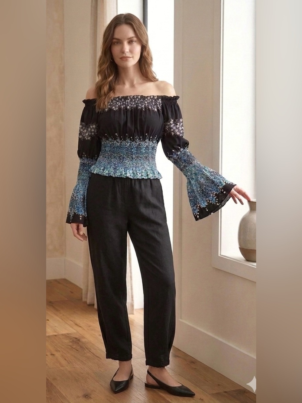 Nana Baila Paris Y2K Whimsigoth Smocked Floral Bell Sleeve Off shoulder Top M